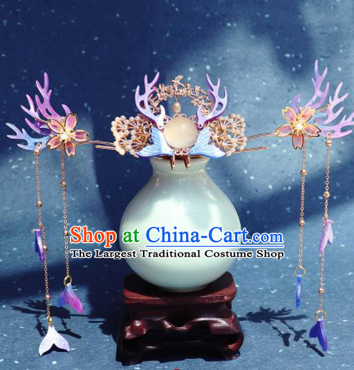 Traditional Chinese Hanfu Purple Antler Hair Crown Ancient Court Princess Hairpins Hair Accessories for Kids
