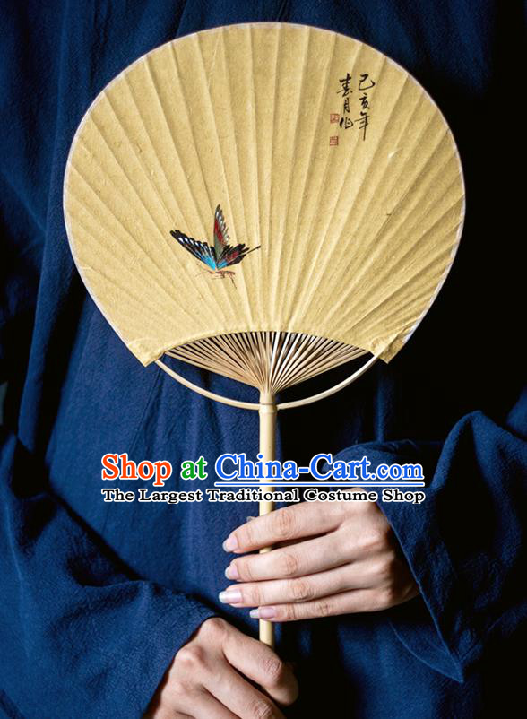 Traditional Chinese Handmade Yellow Paper Palace Fans Ink Painting Butterfly Fans