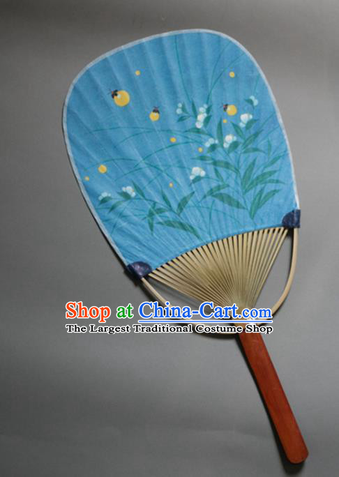 Traditional Chinese Handmade Printing Glowworm Blue Paper Palace Fans Bamboo Fans