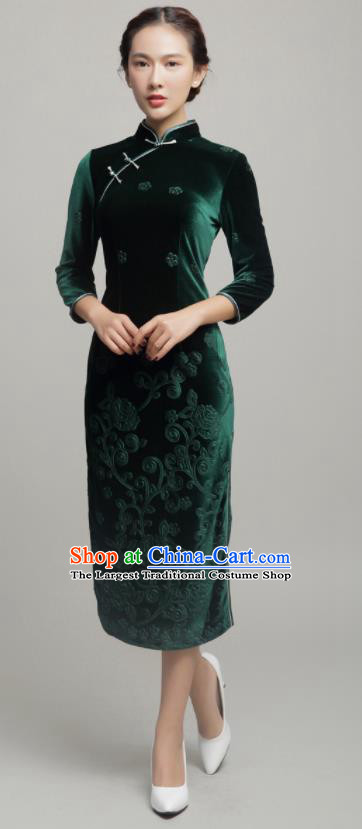 Chinese Traditional Classical Green Velvet Cheongsam National Tang Suit Qipao Dress for Women