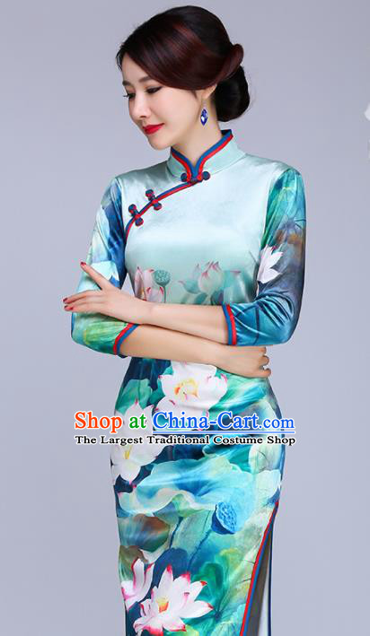 Chinese Traditional Classical Printing Lotus Green Cheongsam National Tang Suit Qipao Dress for Women