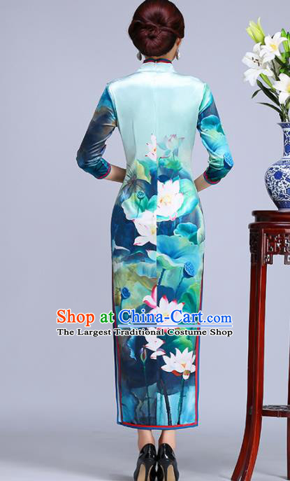 Chinese Traditional Classical Printing Lotus Green Cheongsam National Tang Suit Qipao Dress for Women