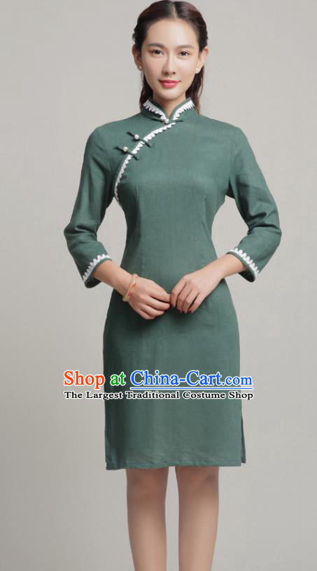 Chinese Traditional Classical Olive Green Short Cheongsam National Tang Suit Qipao Dress for Women
