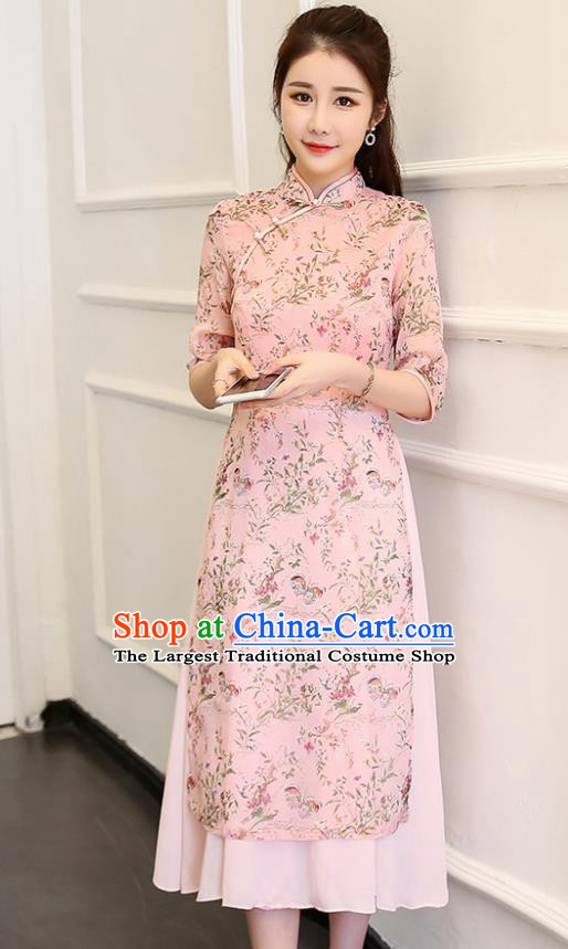 Traditional Chinese Classical Dance Pink Cheongsam National Costume Tang Suit Qipao Dress for Women