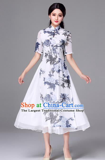 Traditional Chinese Classical Printing Bamboo Cheongsam National Costume Tang Suit Qipao Dress for Women