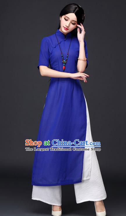 Traditional Chinese Classical Royalblue Veil Cheongsam National Costume Tang Suit Qipao Dress for Women