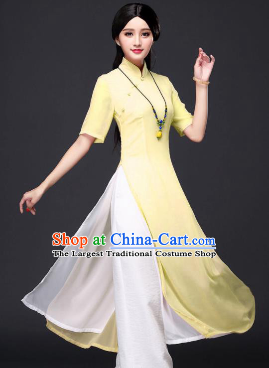 Traditional Chinese Classical Yellow Veil Cheongsam National Costume Tang Suit Qipao Dress for Women