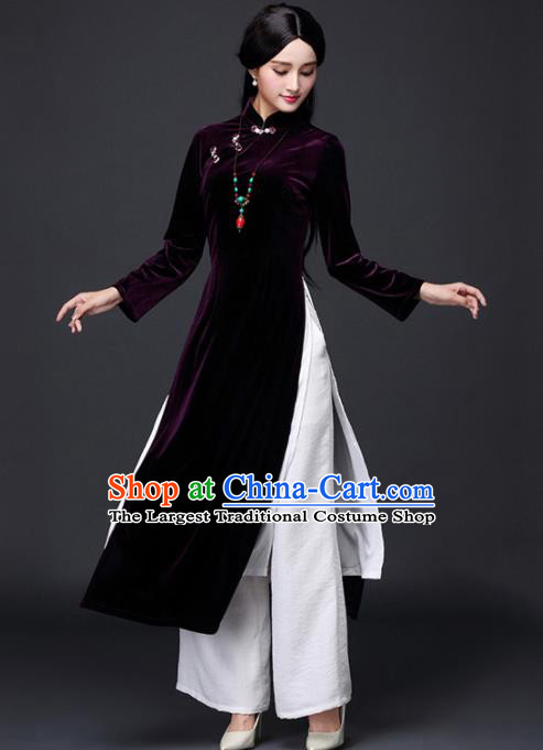 Traditional Chinese Classical Purple Velvet Cheongsam National Costume Tang Suit Qipao Dress for Women