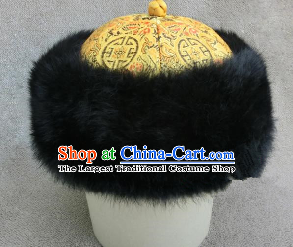 Chinese Ancient Drama Emperor Winter Hat Traditional Qing Dynasty Royal Highness Headwear for Men