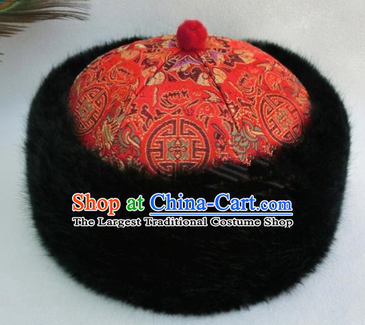 Chinese Ancient Drama Emperor Winter Red Hat Traditional Qing Dynasty Royal Highness Headwear for Men