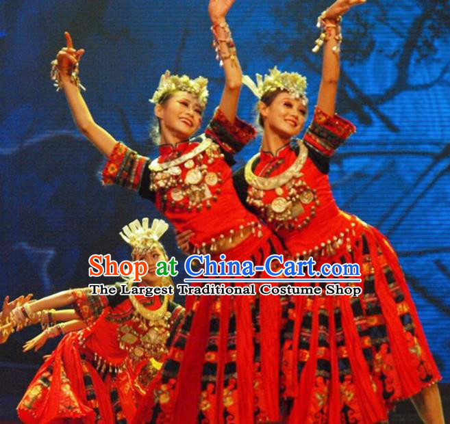Traditional Chinese Miao Nationality Dance Costume Ethnic Stage Show Red Dress for Women