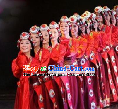 Traditional Chinese Zang Nationality Dance Costume Tibetan Ethnic Stage Show Red Dress for Women