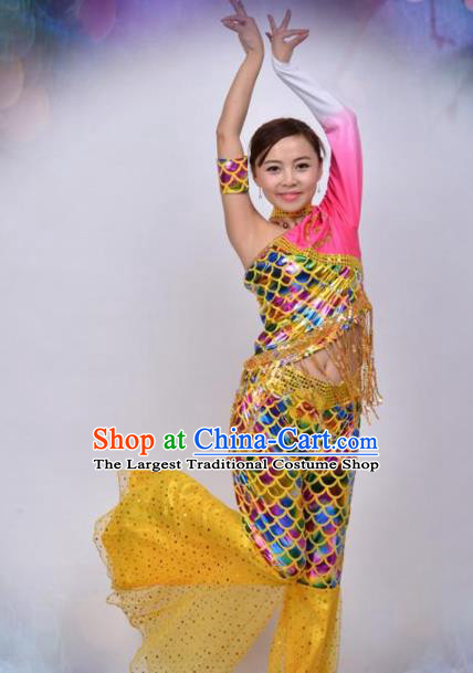Traditional Chinese Dai Nationality Dance Yellow Costume Ethnic Peacock Dance Stage Show Dress for Women