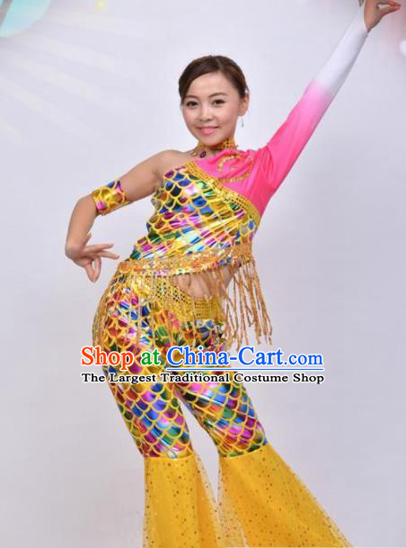 Traditional Chinese Dai Nationality Dance Yellow Costume Ethnic Peacock Dance Stage Show Dress for Women