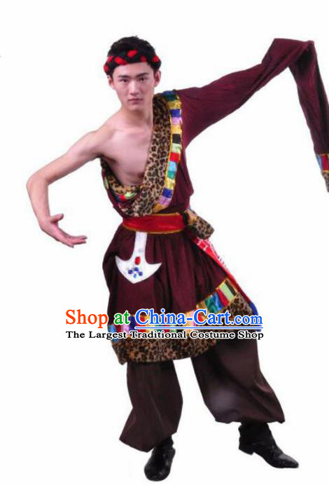 Chinese Traditional Zang Nationality Dance Brown Costume Tibetan Ethnic Folk Dance Stage Show Clothing for Men