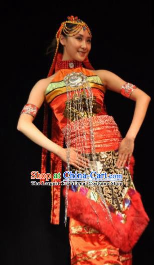 Traditional Chinese Zang Nationality Red Dress Tibetan Ethnic Dance Stage Show Costume for Women