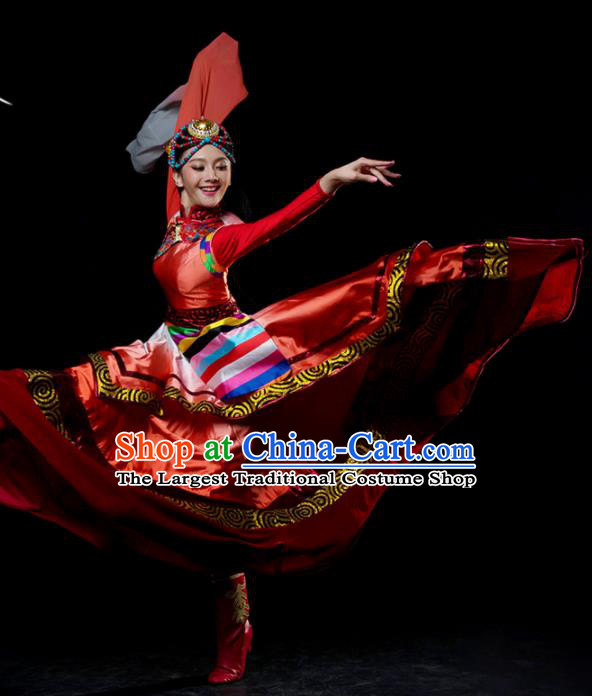 Traditional Chinese Zang Nationality Dance Red Dress Tibetan Ethnic Dance Stage Show Costume for Women