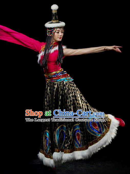 Traditional Chinese Zang Nationality Tangola Dance Dress Tibetan Ethnic Dance Stage Show Costume for Women