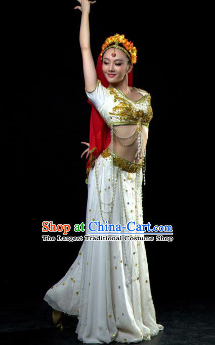 Professional Indian Dance Costume Oriental Dance Belly Dance Stage Show White Dress for Women