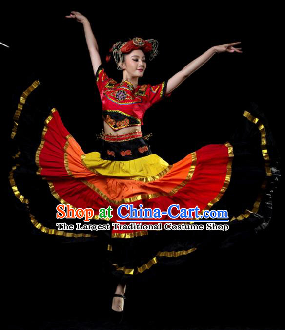 Traditional Chinese Yi Nationality Dance Red Dress Ethnic Dance Stage Show Costume for Women