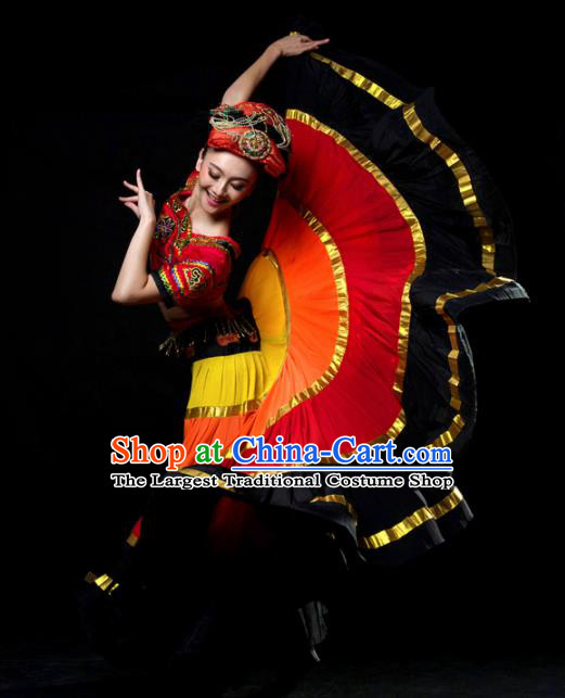 Traditional Chinese Yi Nationality Dance Red Dress Ethnic Dance Stage Show Costume for Women
