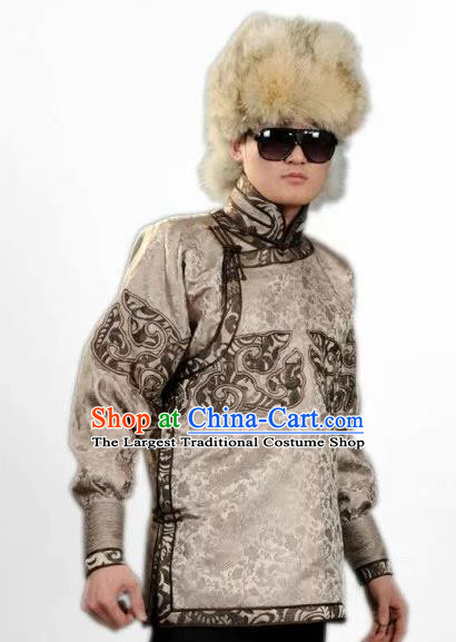 Chinese Traditional Mongol Nationality Costume Mongolian Ethnic Khaki Jacket for Men