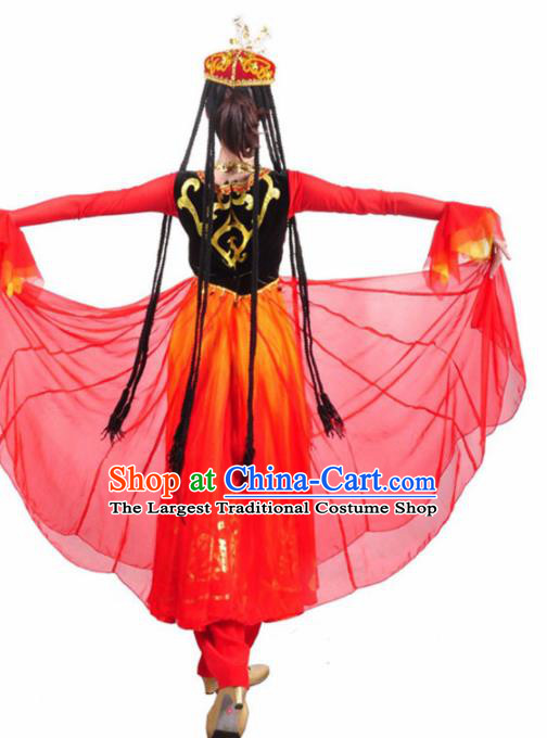 Traditional Chinese Uyghur Nationality Costume Uigurian Ethnic Dance Stage Show Red Dress for Women