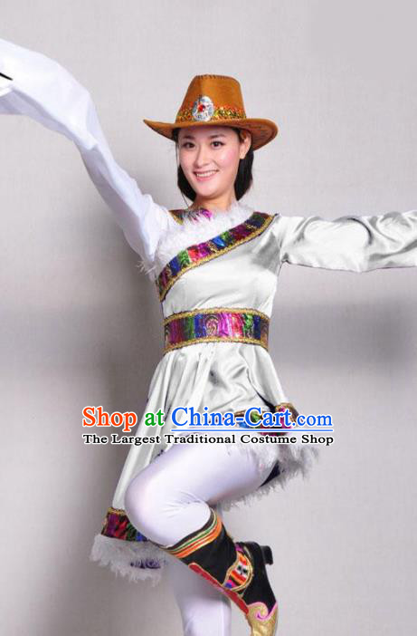 Traditional Chinese Zang Nationality White Costume Tibetan Ethnic Dance Stage Show Dress for Women
