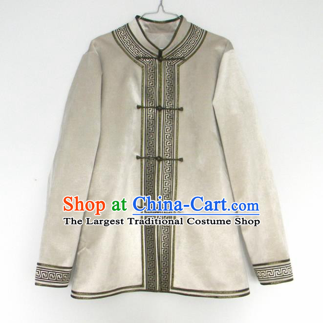 Chinese Traditional Mongol Nationality Winter Costume Mongolian Ethnic Beige Jacket for Men