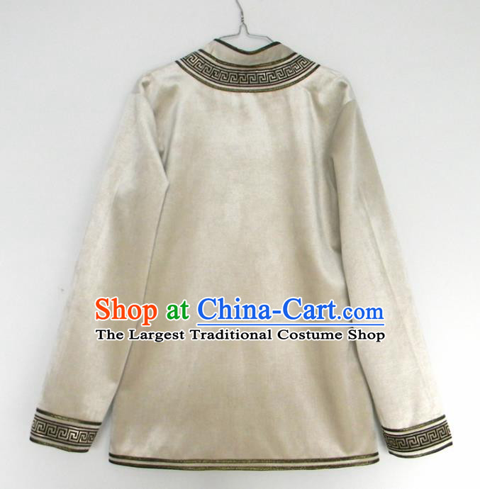 Chinese Traditional Mongol Nationality Winter Costume Mongolian Ethnic Beige Jacket for Men