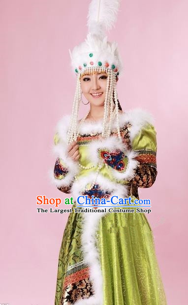 Traditional Chinese Mongol Nationality Green Costume Mongolian Ethnic Dance Stage Show Dress for Women