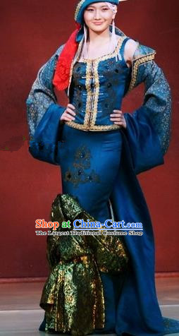 Traditional Chinese Mongol Nationality Blue Costume Mongolian Ethnic Stage Show Dress for Women