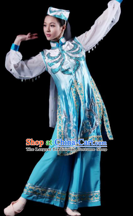 Traditional Chinese Hui Nationality Blue Costume Ethnic Dance Stage Show Dress for Women