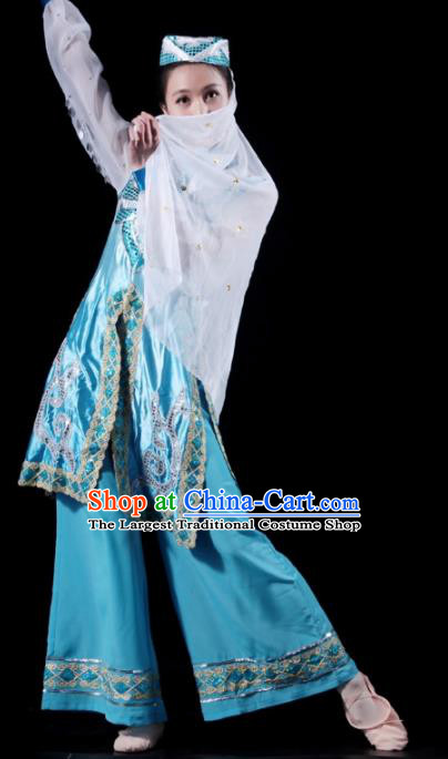 Traditional Chinese Hui Nationality Blue Costume Ethnic Dance Stage Show Dress for Women