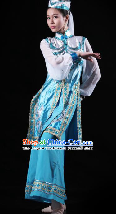 Traditional Chinese Hui Nationality Blue Costume Ethnic Dance Stage Show Dress for Women