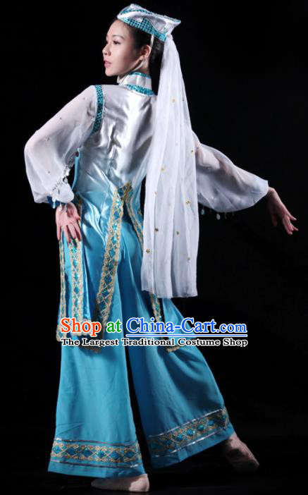 Traditional Chinese Hui Nationality Blue Costume Ethnic Dance Stage Show Dress for Women