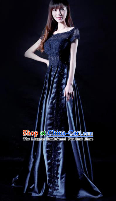 Chinese Chorus Competition Costume Traditional Stage Show Dance Navy Dress for Women