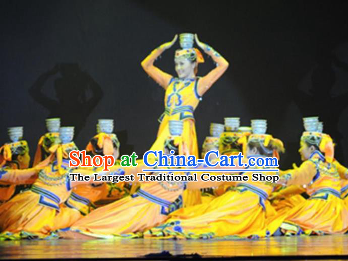 Traditional Chinese Mongol Nationality Bowl Dance Costume Ethnic Stage Show Yellow Dress for Women