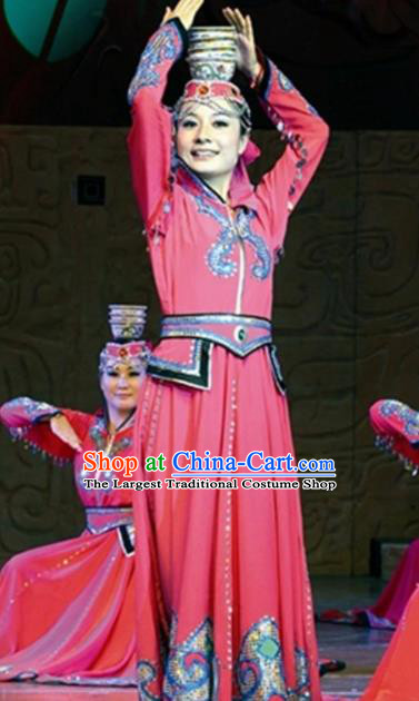 Traditional Chinese Mongol Nationality Bowl Dance Costume Ethnic Stage Show Rosy Dress for Women