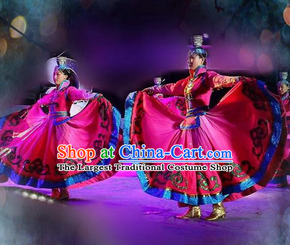 Traditional Chinese Mongol Nationality Bowl Dance Costume Ethnic Stage Show Rosy Dress for Women