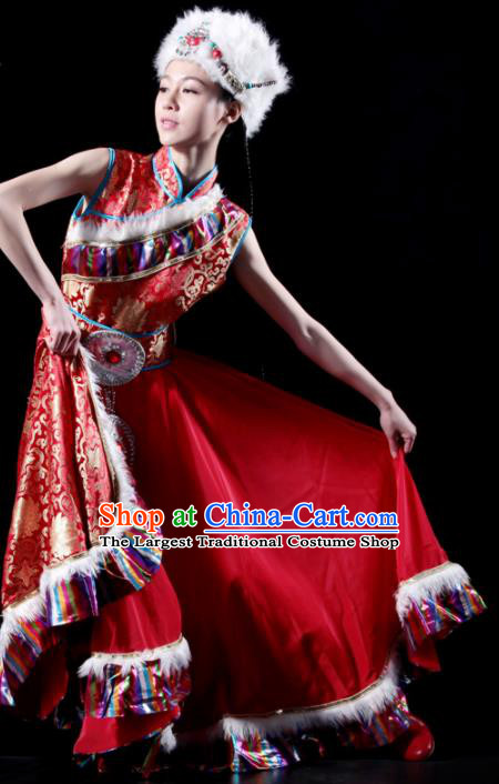 Traditional Chinese Zang Nationality Red Costume Tibetan Ethnic Dance Stage Show Dress for Women