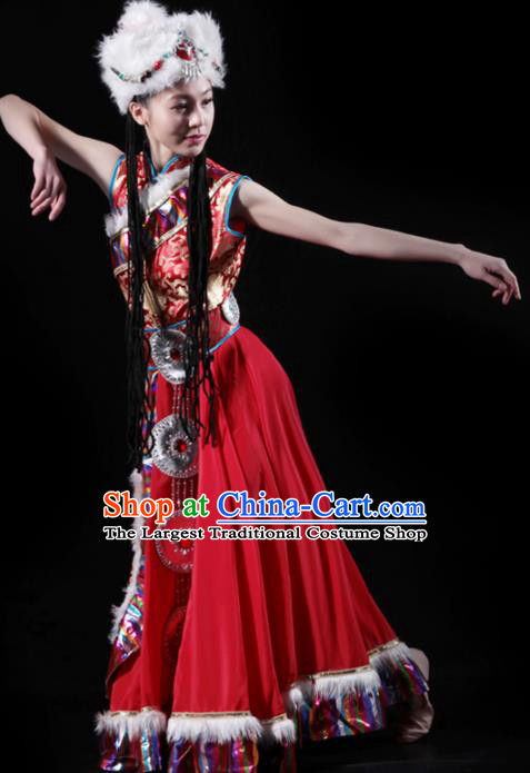 Traditional Chinese Zang Nationality Red Costume Tibetan Ethnic Dance Stage Show Dress for Women