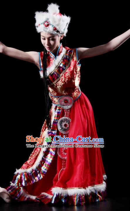 Traditional Chinese Zang Nationality Red Costume Tibetan Ethnic Dance Stage Show Dress for Women