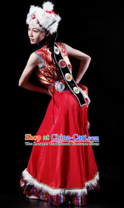 Traditional Chinese Zang Nationality Red Costume Tibetan Ethnic Dance Stage Show Dress for Women