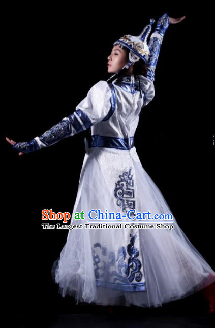 Traditional Chinese Mongol Nationality White Costume Mongolian Ethnic Dance Stage Show Dress for Women