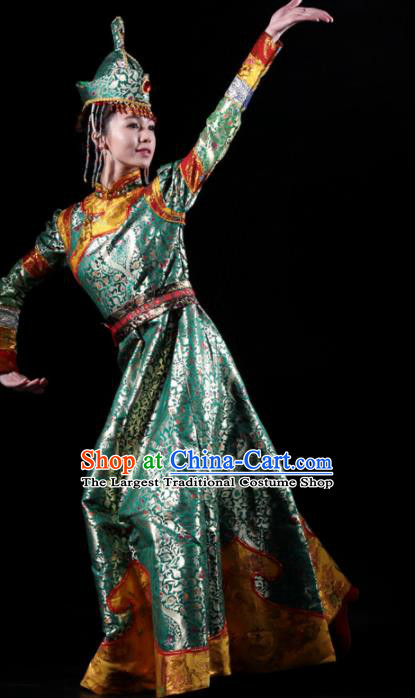 Traditional Chinese Mongolian Nationality Green Costume Mongol Ethnic Dance Stage Show Dress for Women