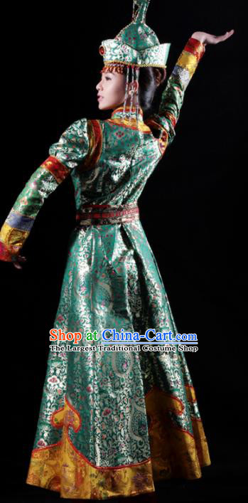 Traditional Chinese Mongolian Nationality Green Costume Mongol Ethnic Dance Stage Show Dress for Women