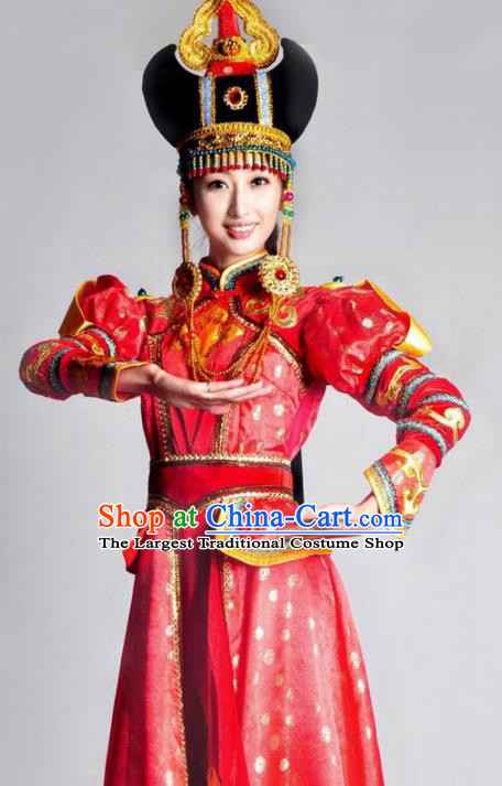 Traditional Chinese Mongolian Nationality Red Costume Mongol Ethnic Dance Stage Show Dress for Women