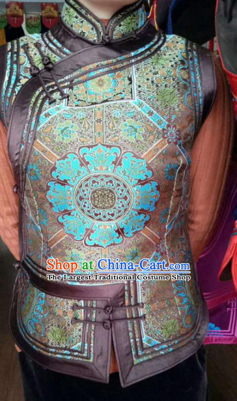 Traditional Chinese Mongol Nationality Brown Brocade Vest Mongolian Ethnic Stage Show Costume for Women