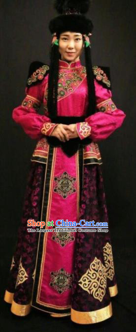 Traditional Chinese Mongol Nationality Rosy Dress Mongolian Ethnic Dance Stage Show Costume for Women